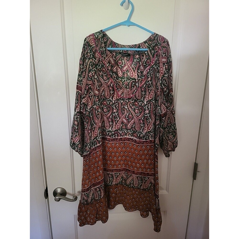 Tolani Womens 100% Silk Multicolor 3/4 Sleeve V Neck Ruffle Hem Tunic Dress Sz M